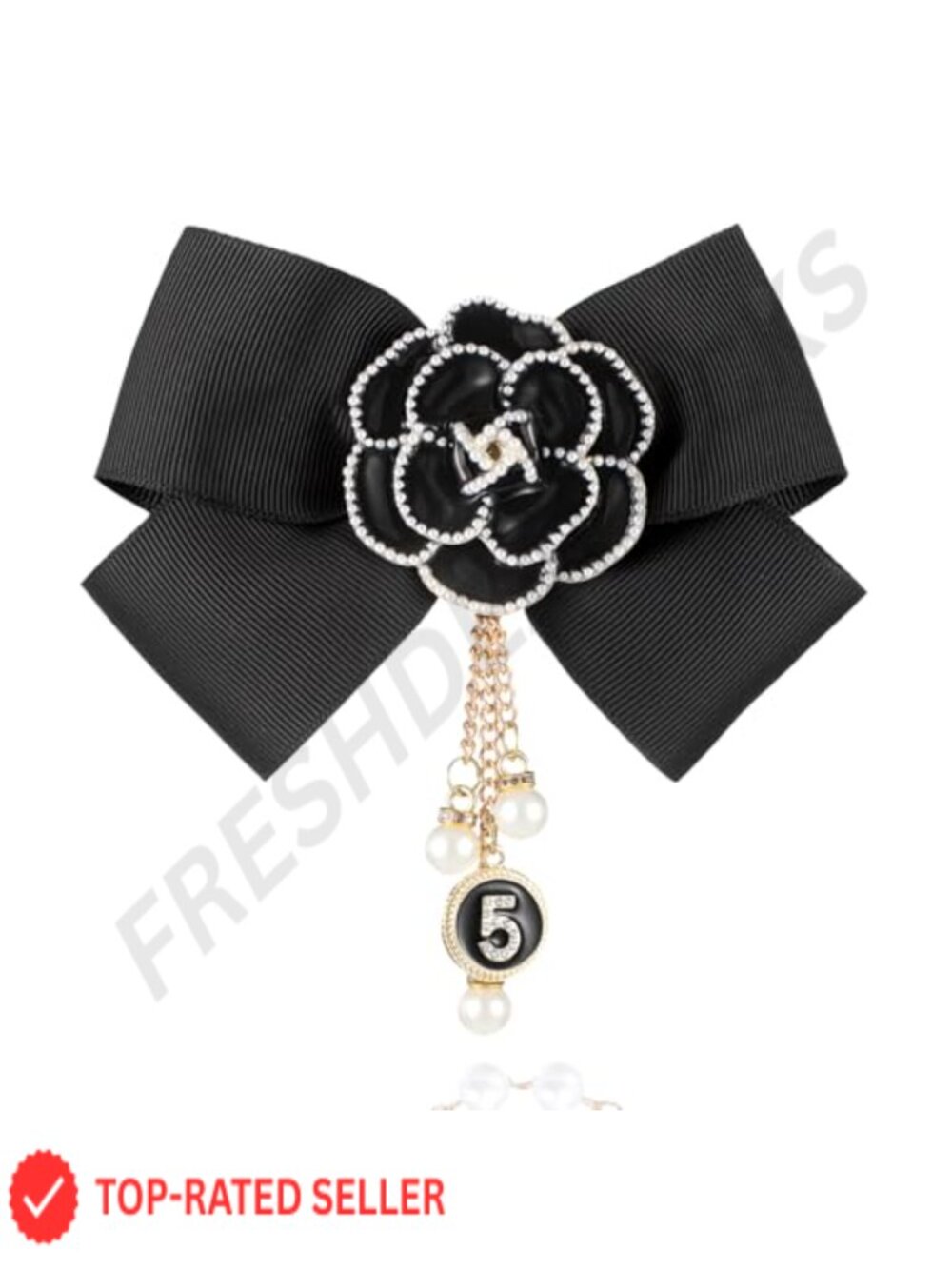 Imitation Pearl Dangle Chain Brooch with Four Leaf Clover Lapel Pin